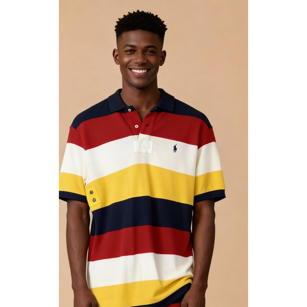 Polo Ralph Lauren, multi-color striped rugby style cotton knit with grommets